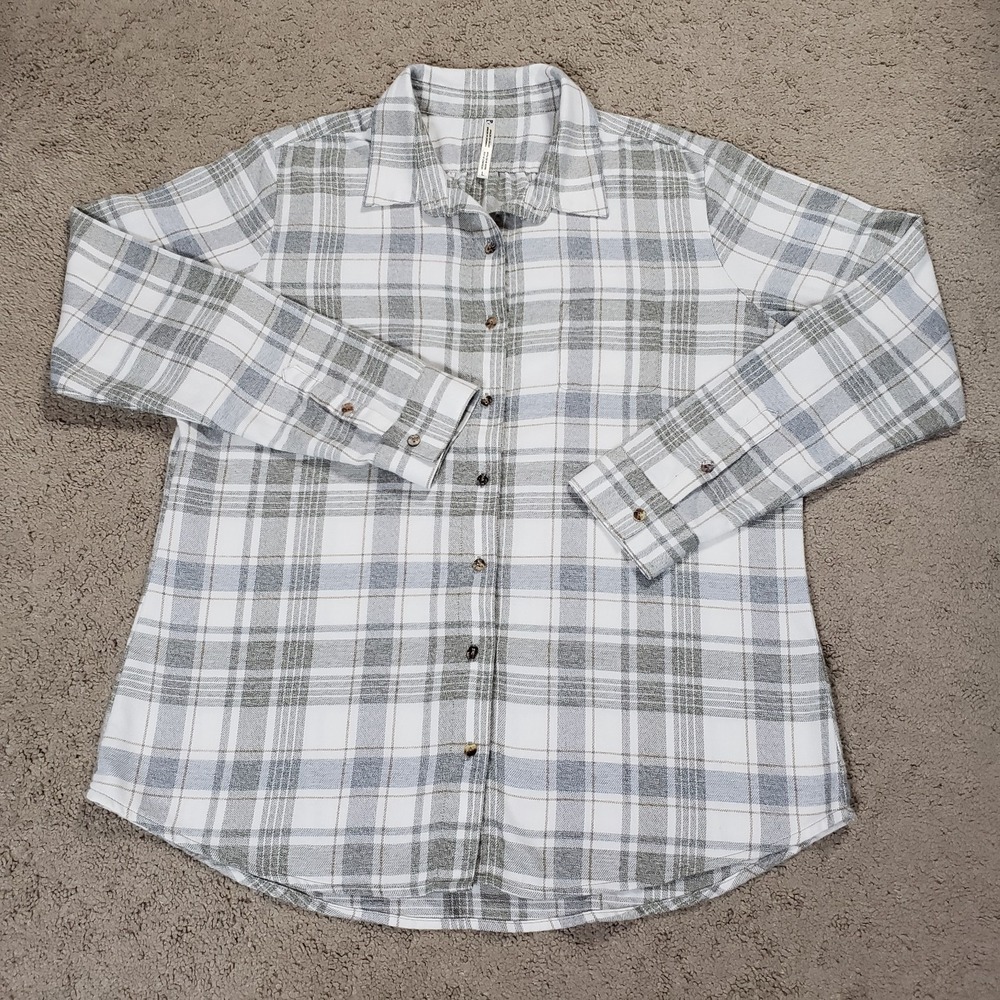 Kuhl Kamila Flannel Women's Large Tan Gray Button Up Outdoors Gorpgirl Hiking
